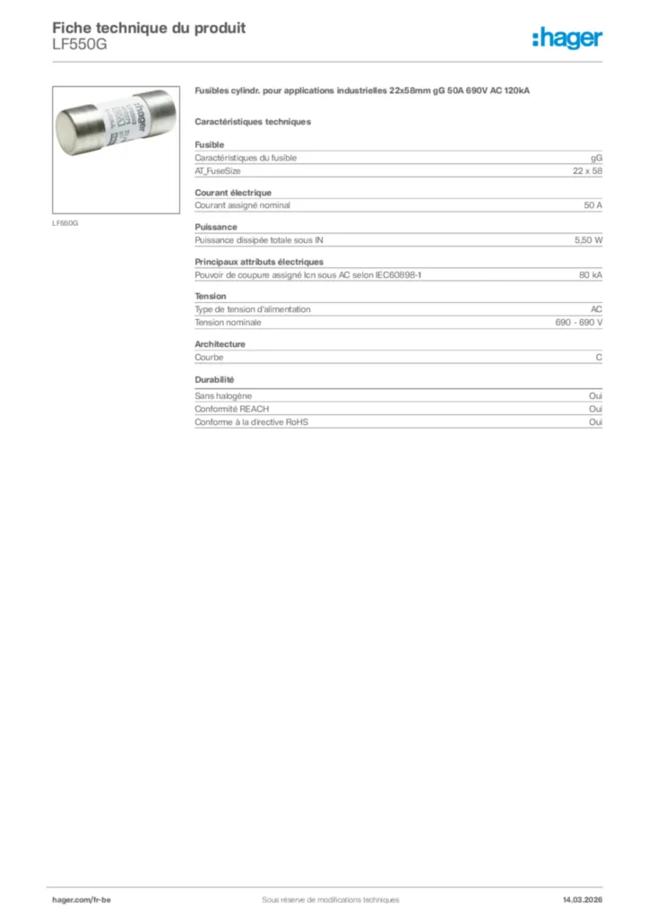 Image Hager Fiche technique du produit LF550G | Hager Belgique