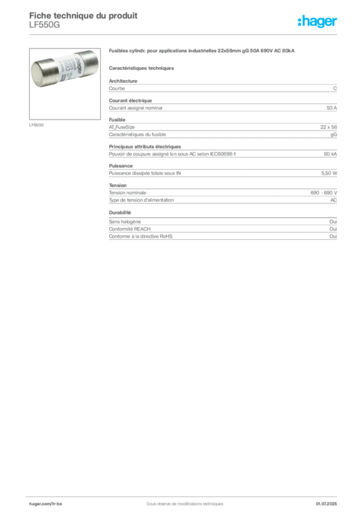 Image Hager Fiche technique du produit LF550G | Hager Belgique