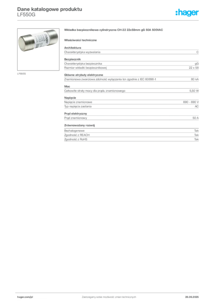 Zdjęcie Hager Dane katalogowe produktu LF550G | Hager Polska