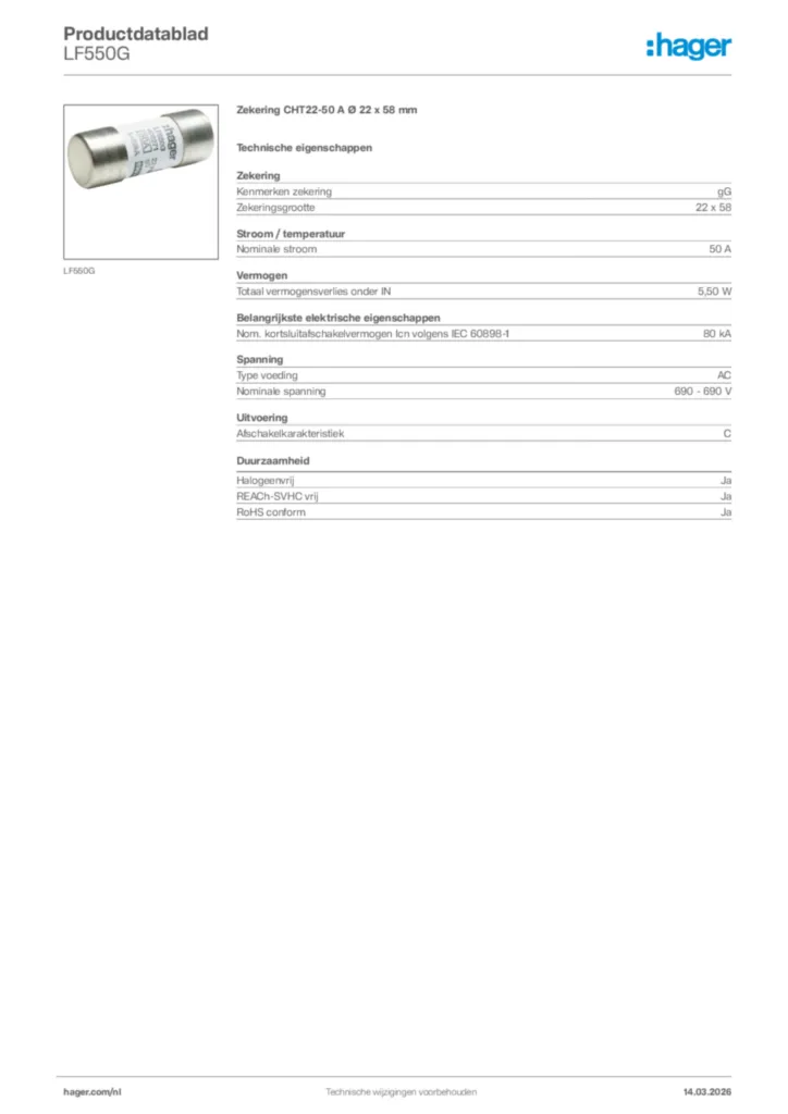 Afbeelding Hager Productdatablad LF550G | Hager Nederland