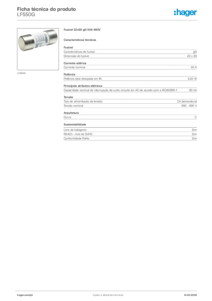 Imagem Hager Ficha técnica do produto LF550G | Hager Portugal