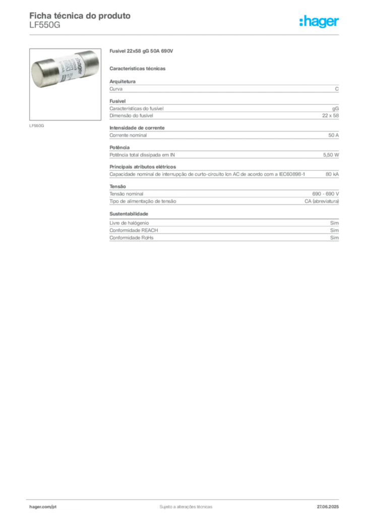 Imagem Hager Ficha técnica do produto LF550G | Hager Portugal
