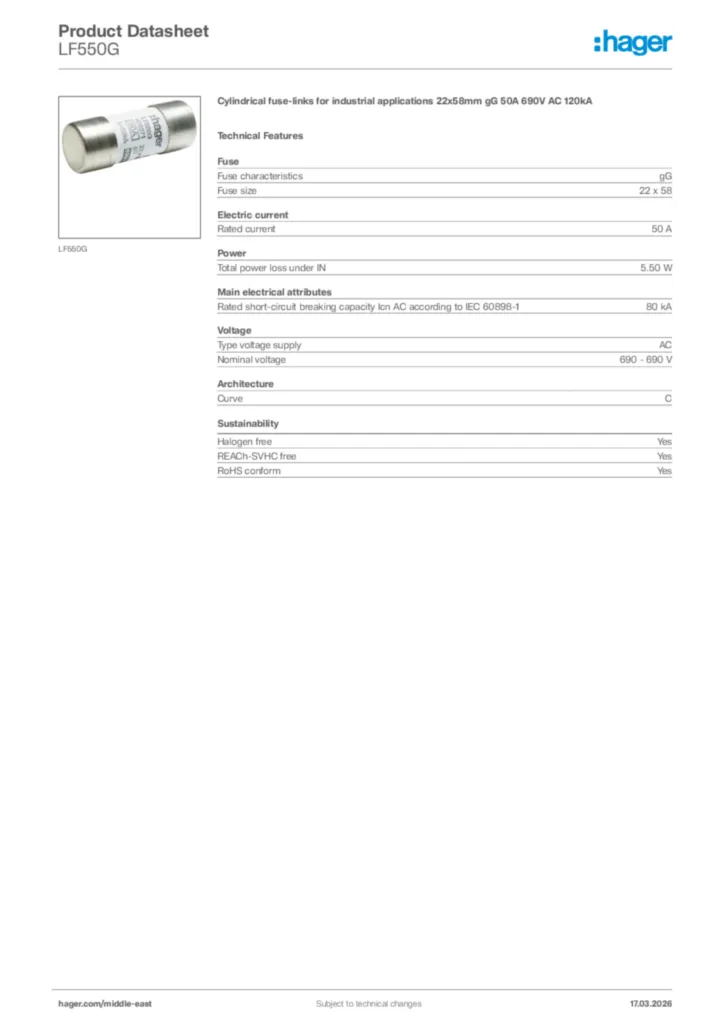 Image Hager Product data sheet LF550G  | Hager