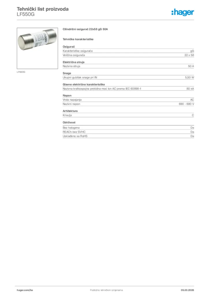 Slika Hager Tehnički list proizvoda LF550G  | Hager