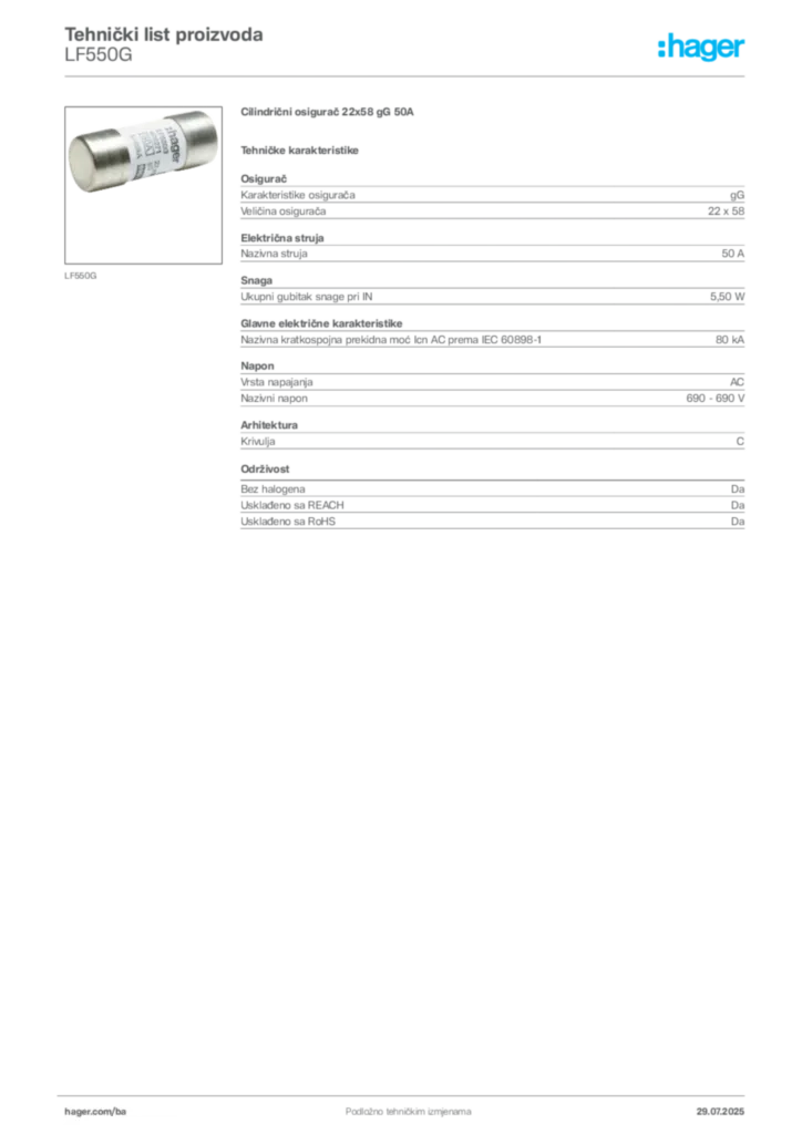 Slika Hager Product data sheet LF550G  | Hager