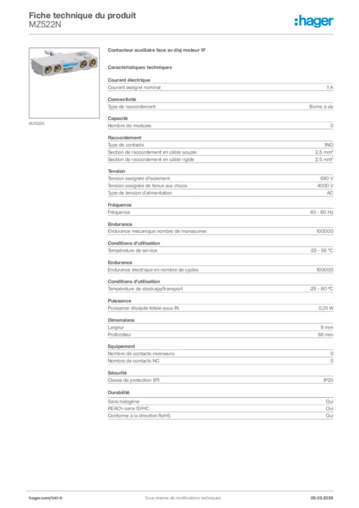 Image Hager Fiche technique du produit MZ522N | Hager Afrique