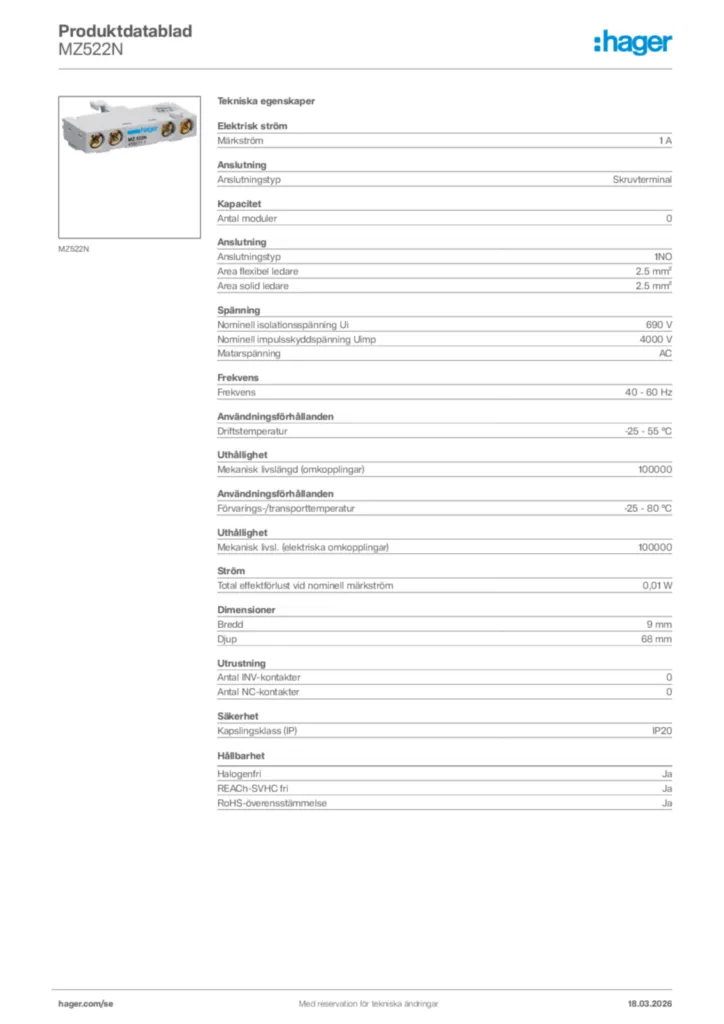Bild Hager Produktdatablad MZ522N | Hager Sverige