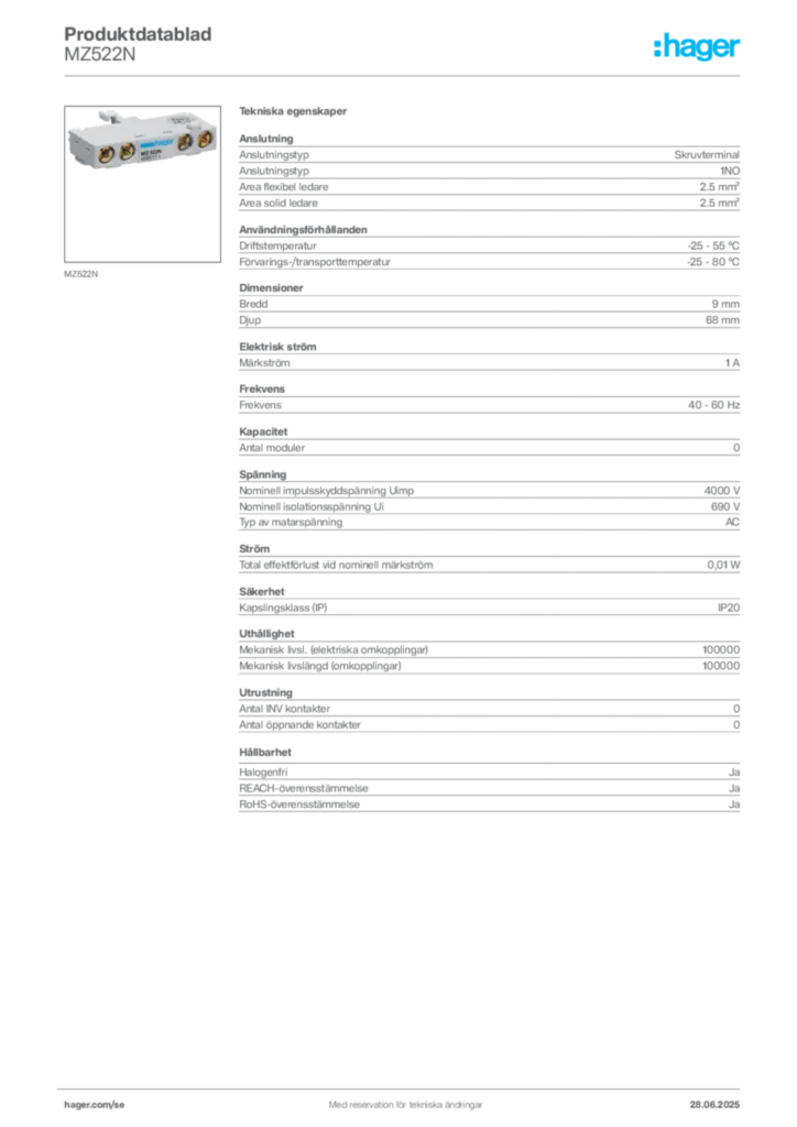Bild Hager Produktdatablad MZ522N | Hager Sverige