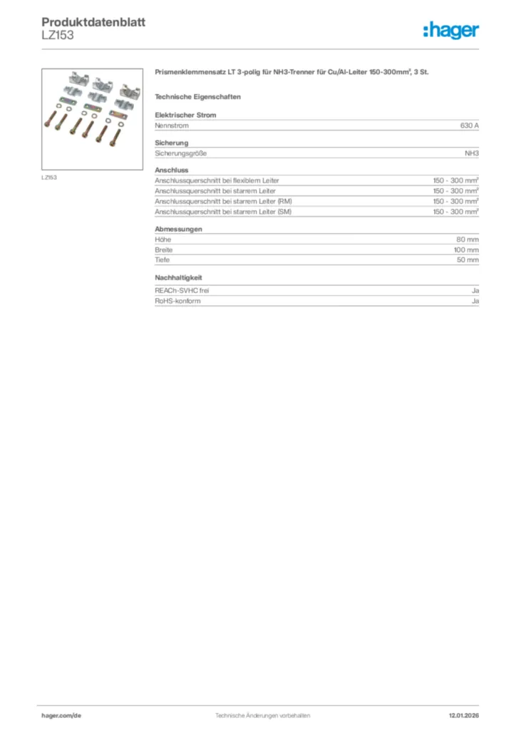 Bild Hager Produktdatenblatt LZ153 | Hager Deutschland