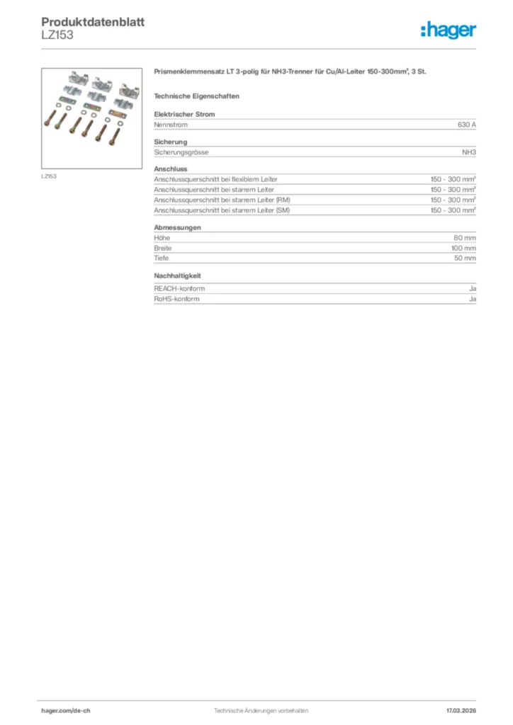 Bild Hager Produktdatenblatt LZ153 | Hager Schweiz
