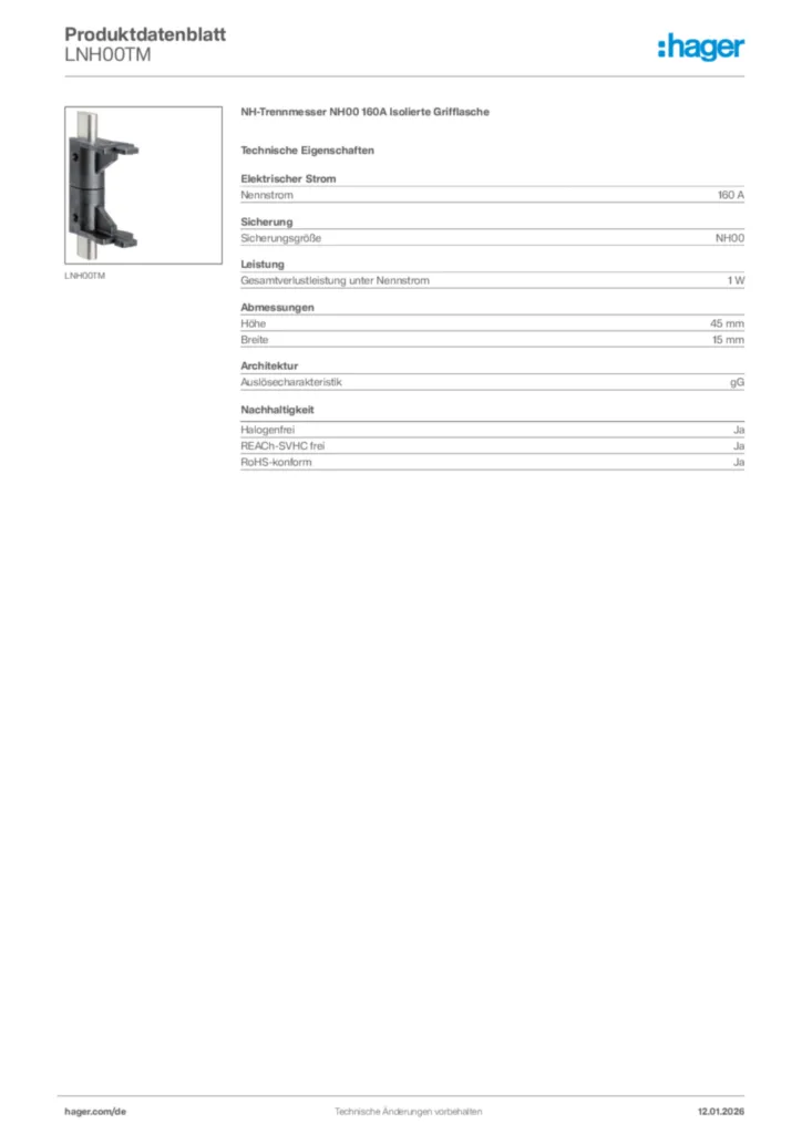 Bild Hager Produktdatenblatt LNH00TM | Hager Deutschland