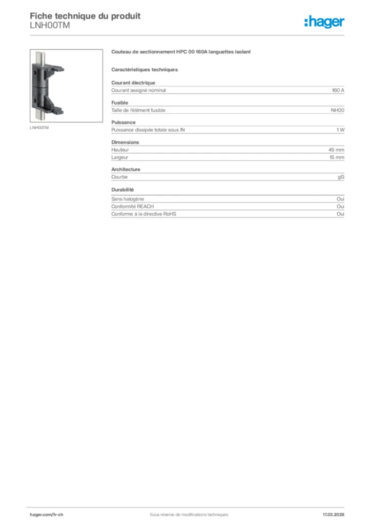 Image Hager Fiche technique du produit LNH00TM | Hager Suisse