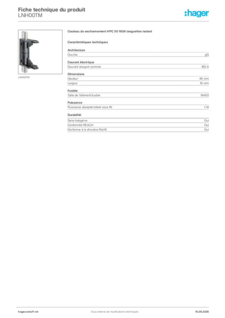 Image Hager Fiche technique du produit LNH00TM | Hager Suisse
