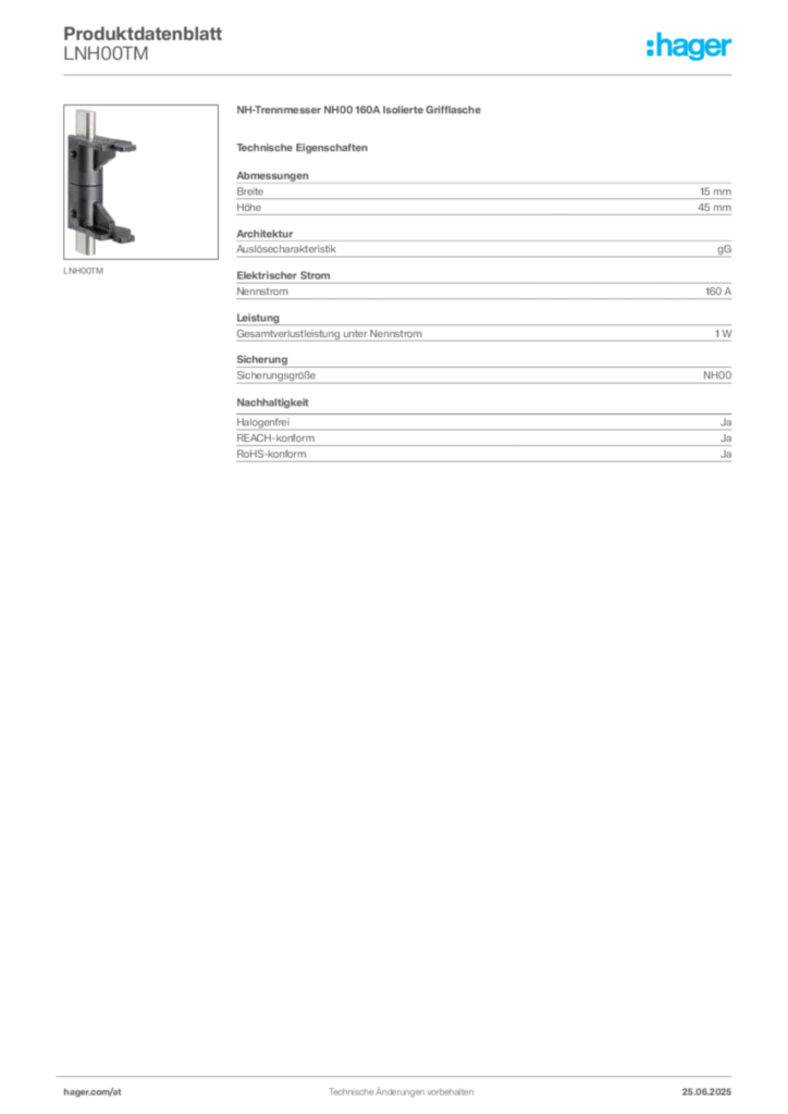 Bild Hager Produktdatenblatt LNH00TM | Hager Deutschland