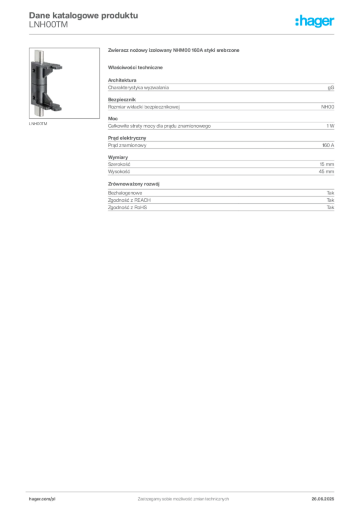 Zdjęcie Hager Dane katalogowe produktu LNH00TM | Hager Polska