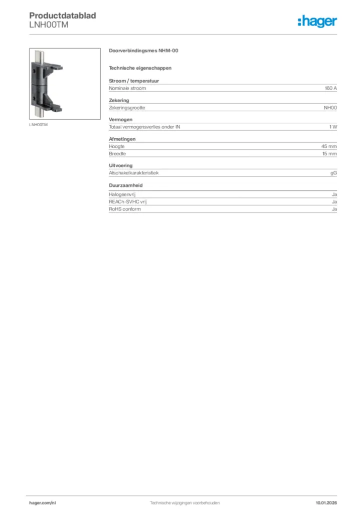 Afbeelding Hager Productdatablad LNH00TM | Hager Nederland