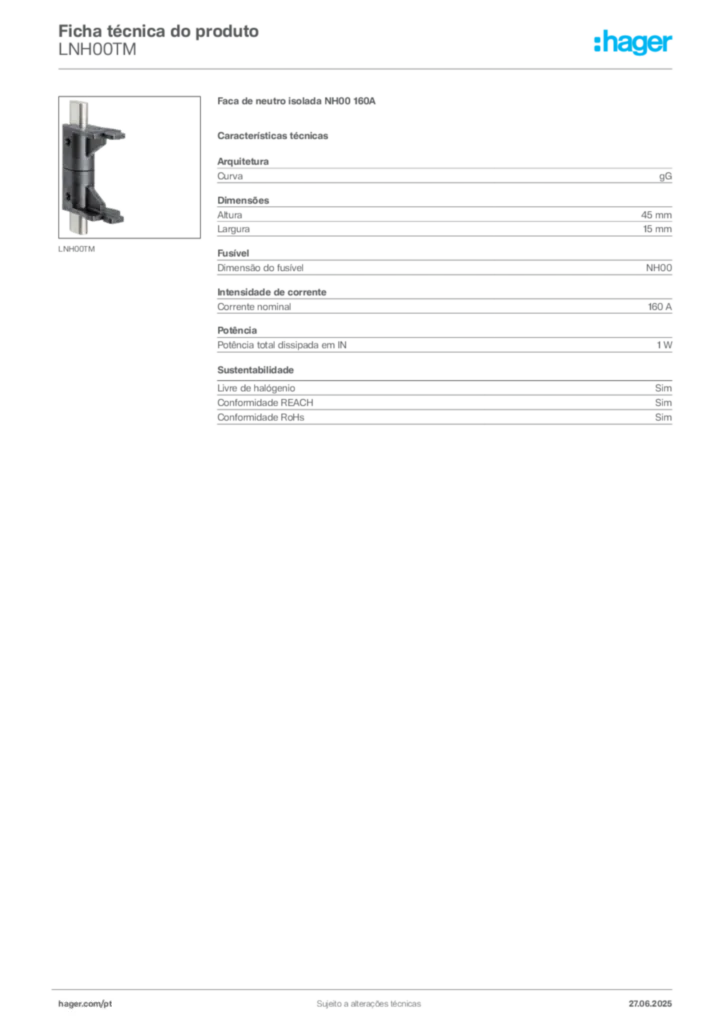 Imagem Hager Ficha técnica do produto LNH00TM | Hager Portugal