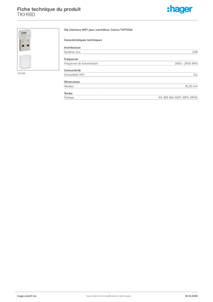 Image Hager Fiche technique du produit TKH180 | Hager Belgique