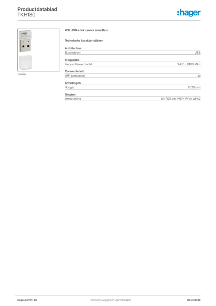 Afbeelding Hager Productdatablad TKH180 | Hager Belgium