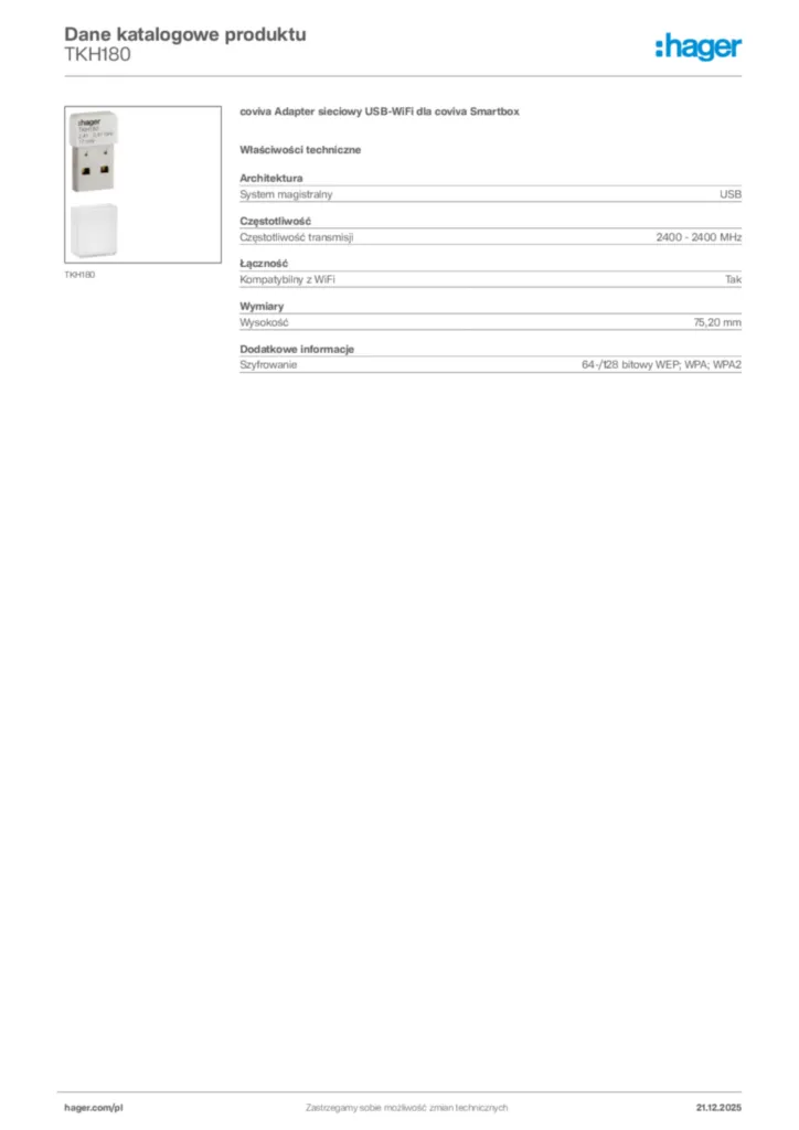 Zdjęcie Hager Dane katalogowe produktu TKH180 | Hager Polska