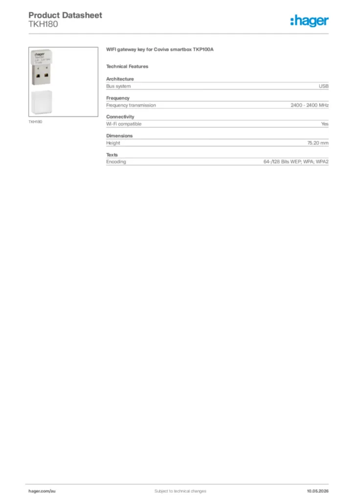 Image Hager Product data sheet TKH180  | Hager Australia