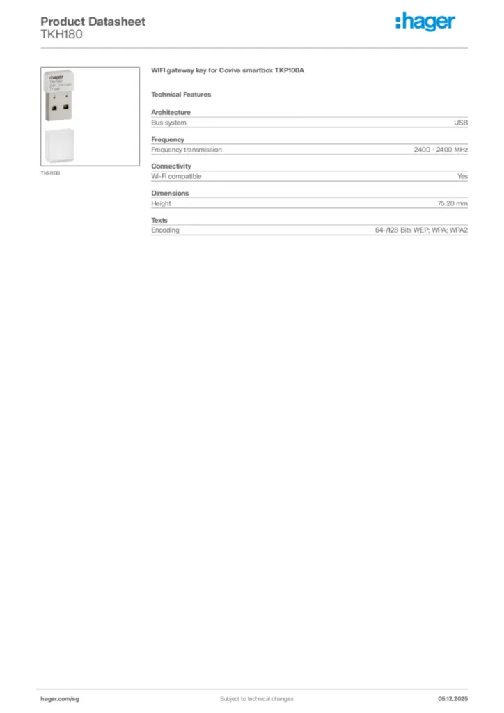 Image Hager Product data sheet TKH180  | Hager