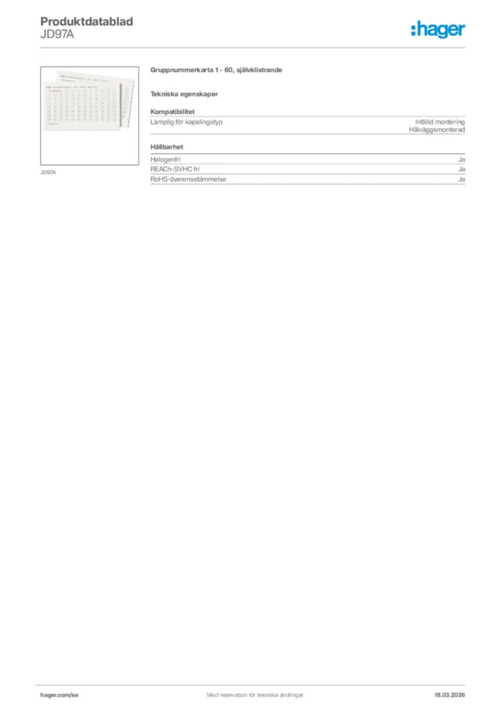 Bild Hager Produktdatablad JD97A | Hager Sverige