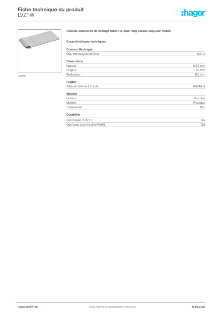 Image Hager Fiche technique du produit LVZTW | Hager Suisse