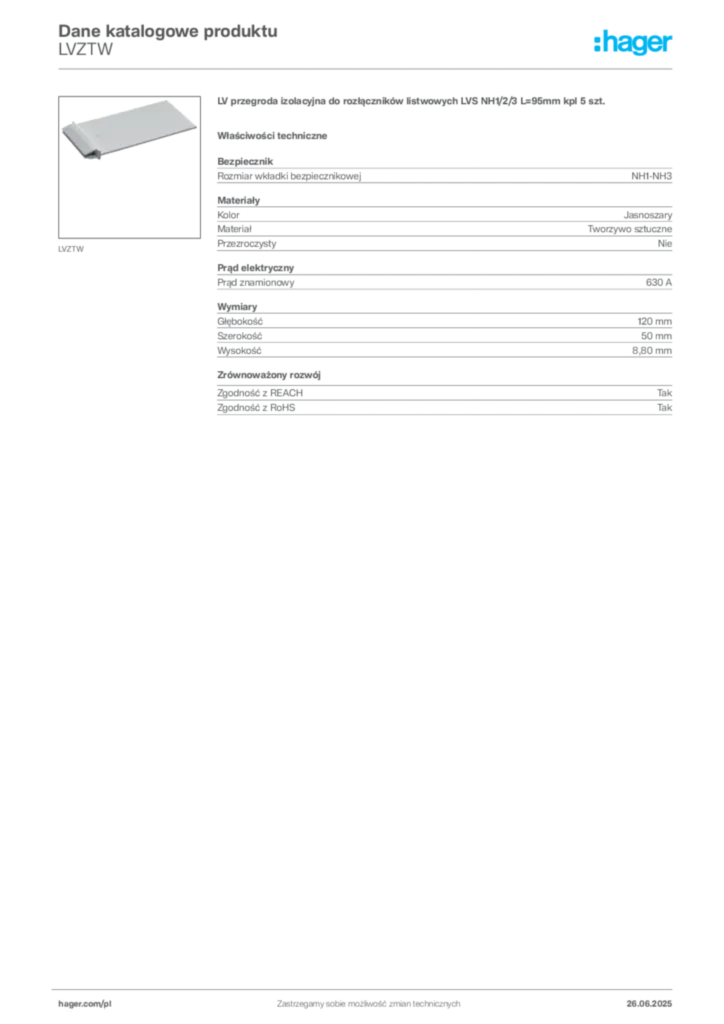 Zdjęcie Hager Dane katalogowe produktu LVZTW | Hager Polska