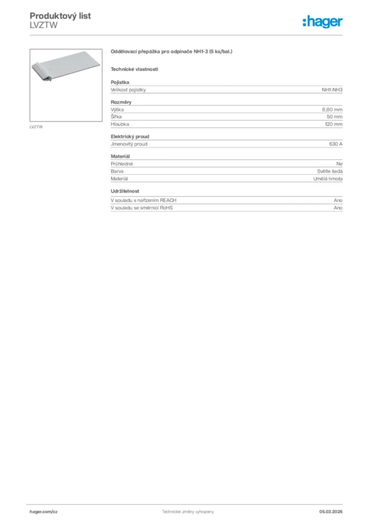 Obrázek Hager Product data sheet LVZTW | Hager