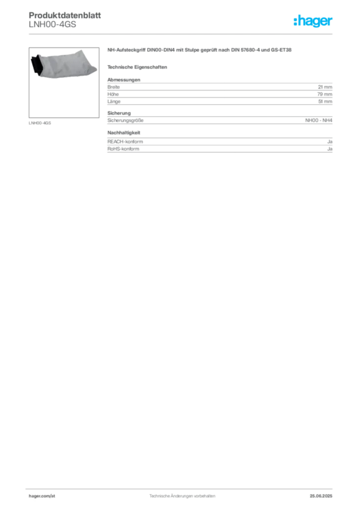 Bild Hager Produktdatenblatt LNH00-4GS | Hager Deutschland