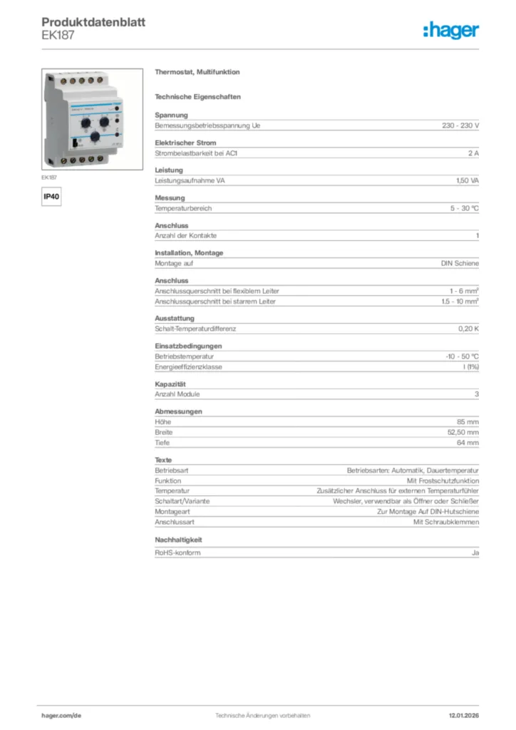 Bild Hager Produktdatenblatt EK187 | Hager Deutschland
