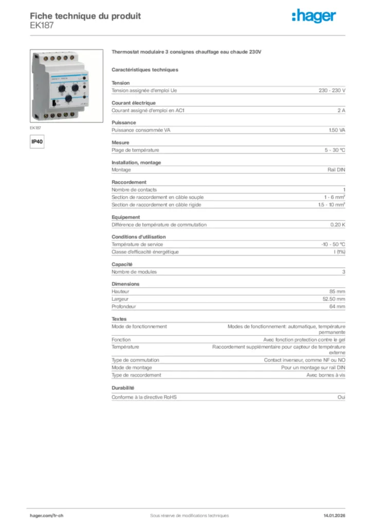 Image Hager Fiche technique du produit EK187 | Hager Suisse