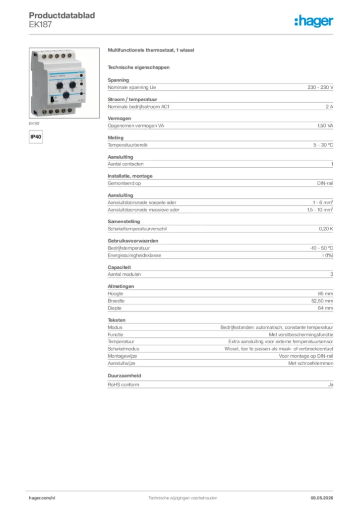 Afbeelding Hager Productdatablad EK187 | Hager Nederland