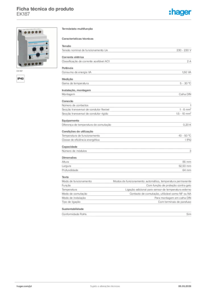 Imagem Hager Ficha técnica do produto EK187 | Hager Portugal