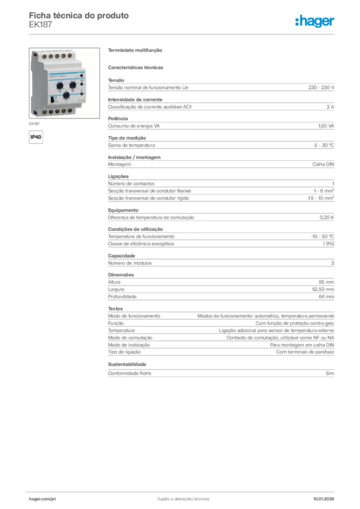 Imagem Hager Ficha técnica do produto EK187 | Hager Portugal