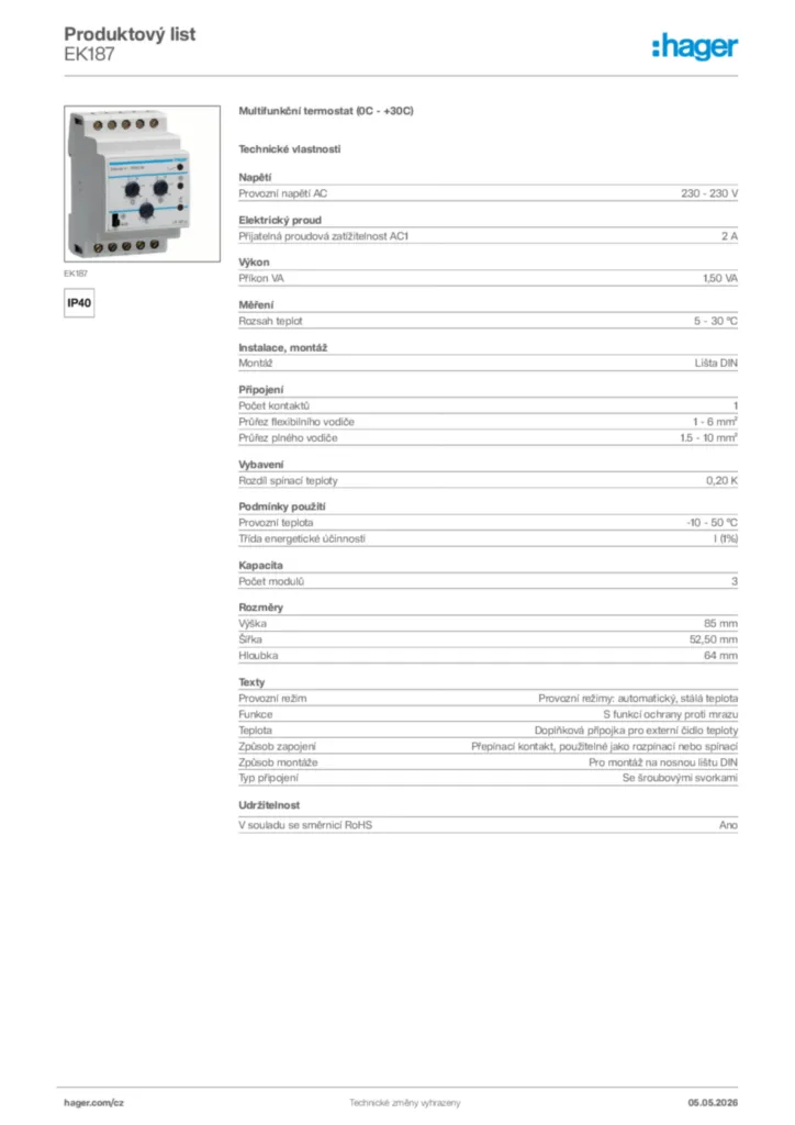 Obrázek Hager Product data sheet EK187 | Hager