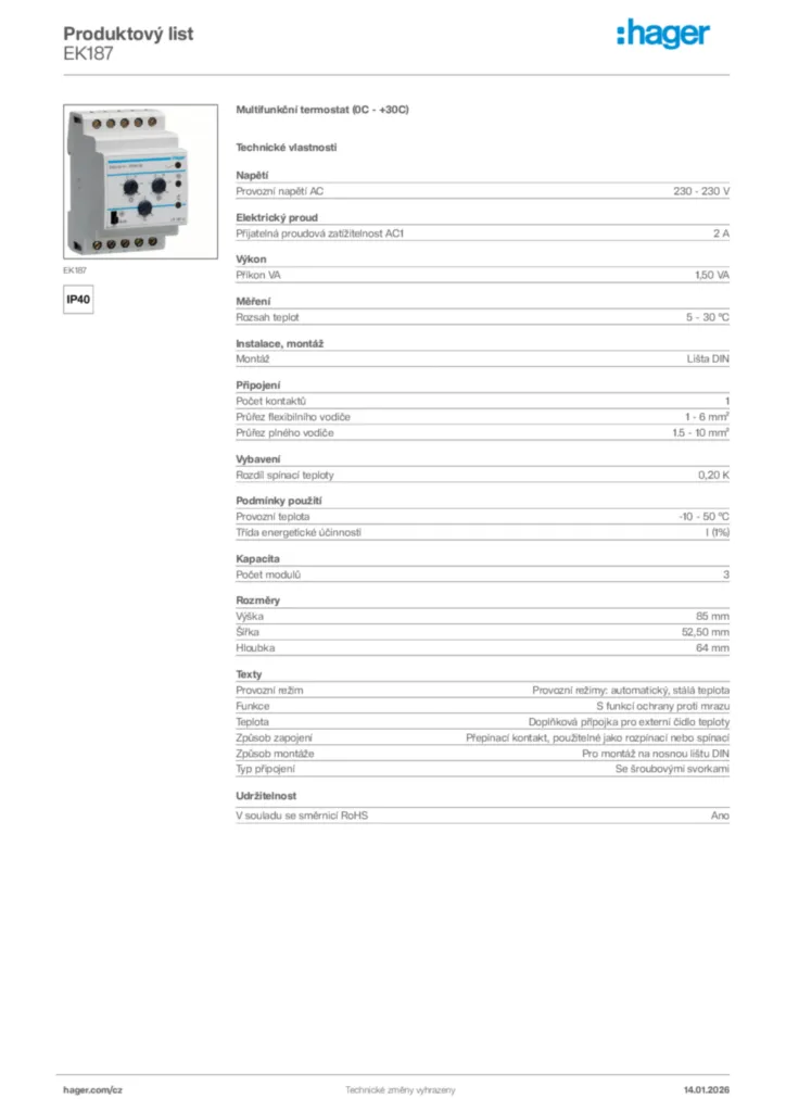 Obrázek Hager Product data sheet EK187 | Hager