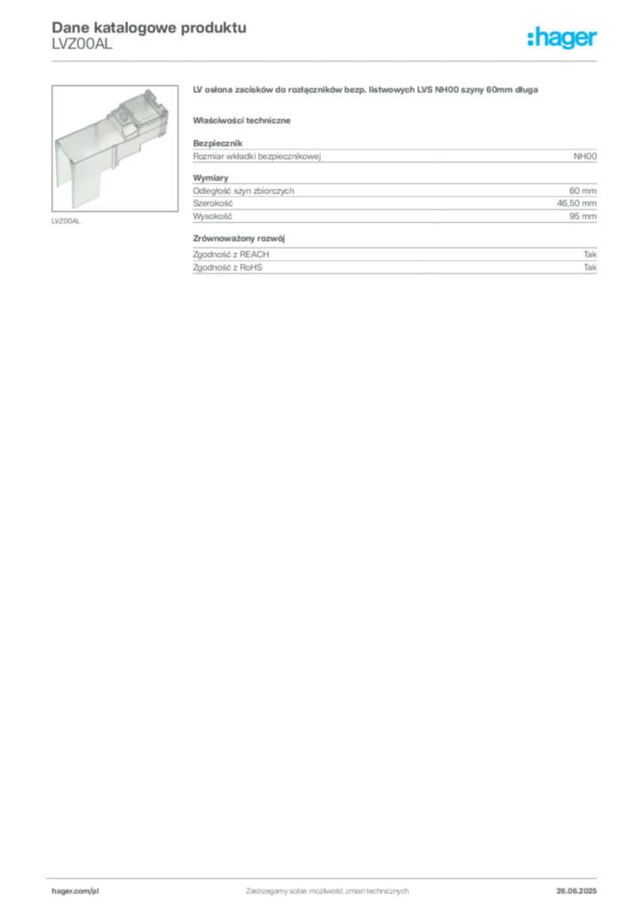 Zdjęcie Hager Dane katalogowe produktu LVZ00AL | Hager Polska