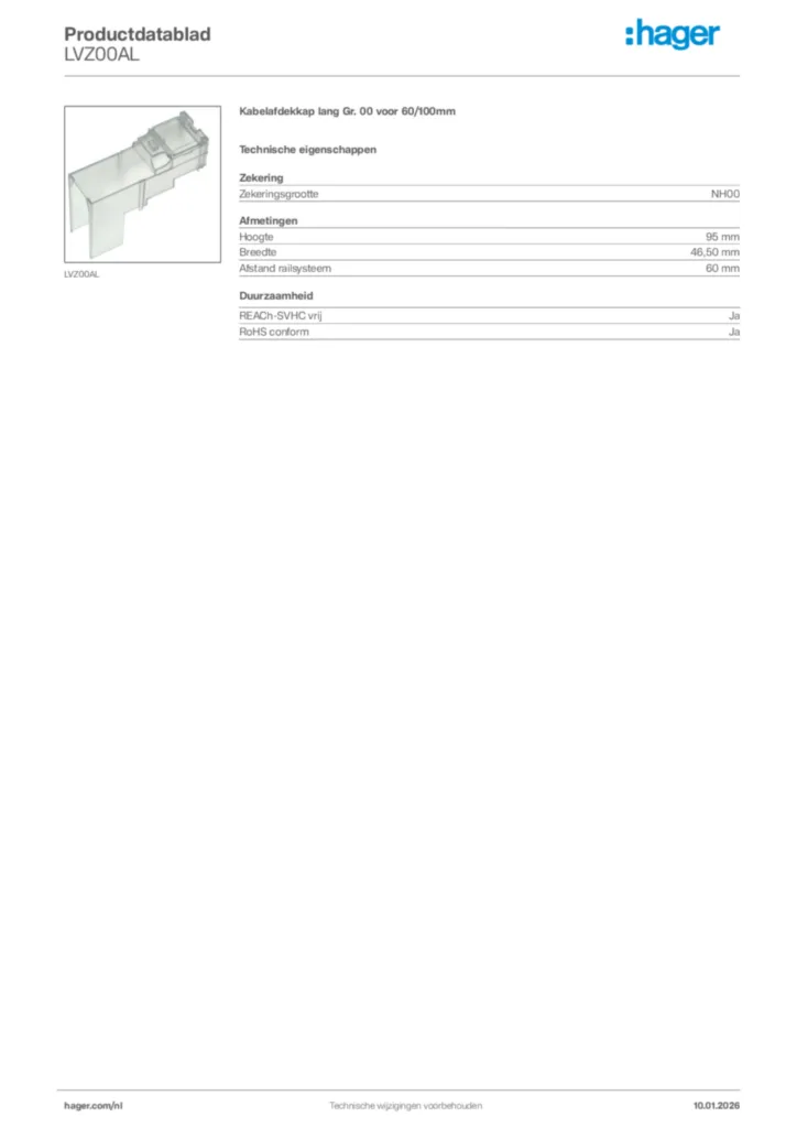 Afbeelding Hager Productdatablad LVZ00AL | Hager Nederland