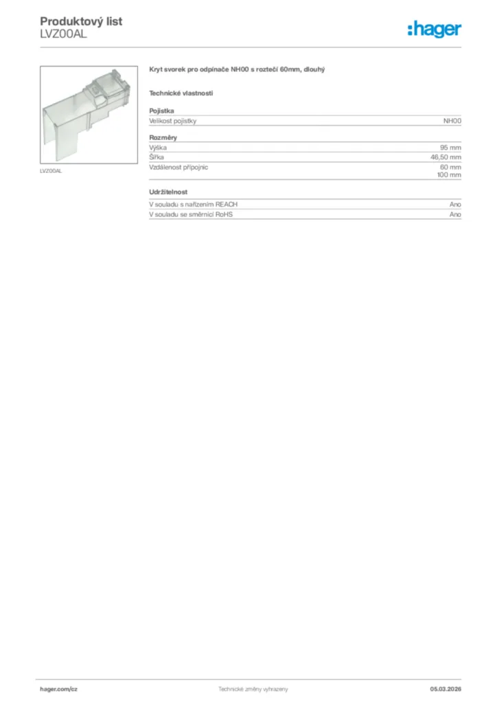 Obrázek Hager Product data sheet LVZ00AL | Hager