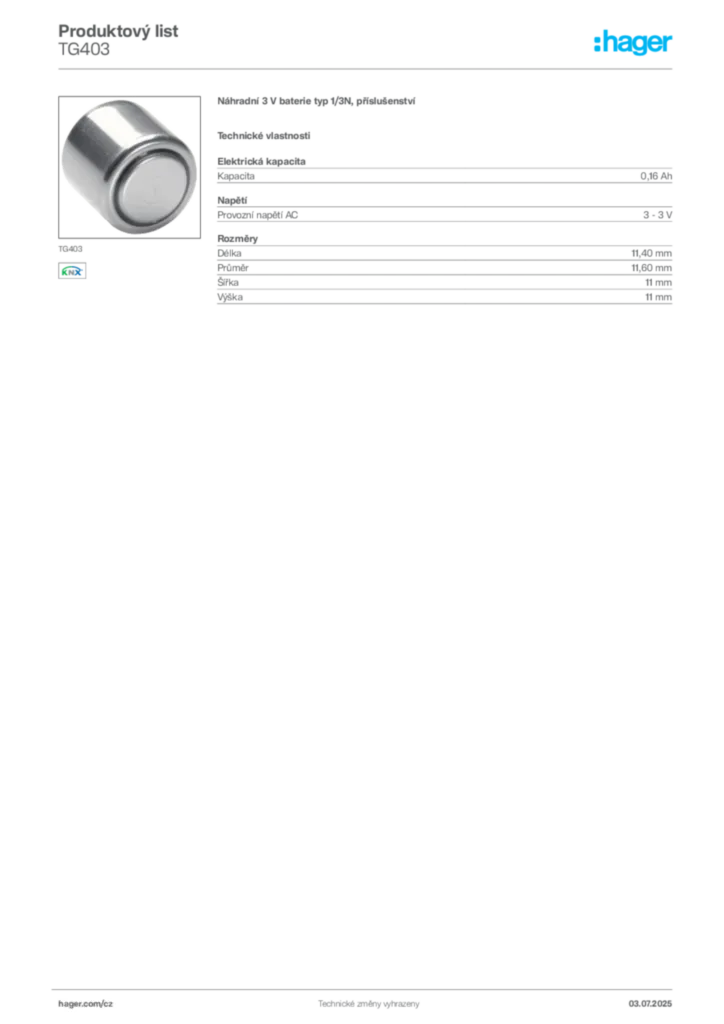 Obrázek Hager Produktový list TG403 | Hager
