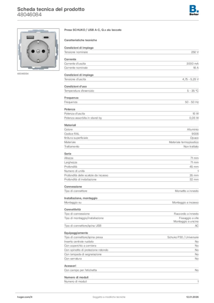 Immagine Berker Scheda tecnica del prodotto 48046084 | Hager Italia