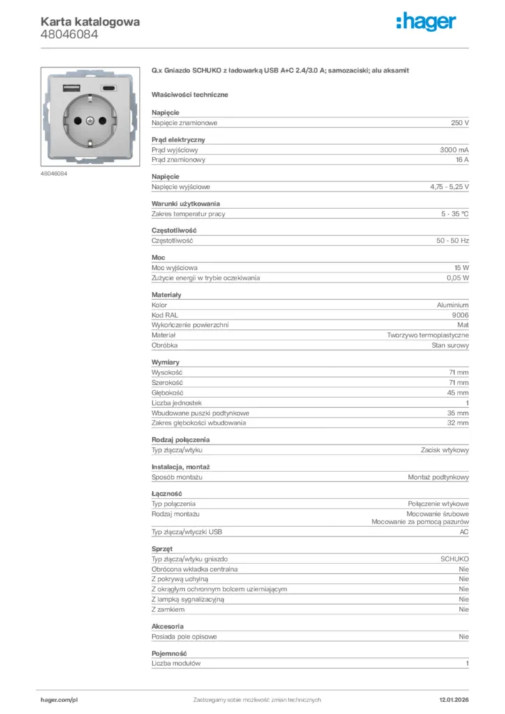 Zdjęcie Hager Karta katalogowa 48046084 | Hager Polska