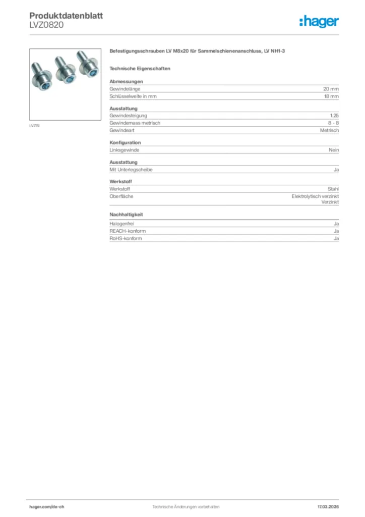 Bild Hager Produktdatenblatt LVZ0820 | Hager Schweiz