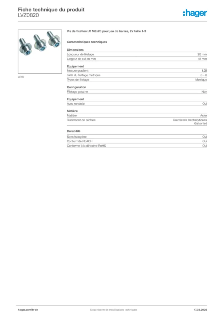 Image Hager Fiche technique du produit LVZ0820 | Hager Suisse