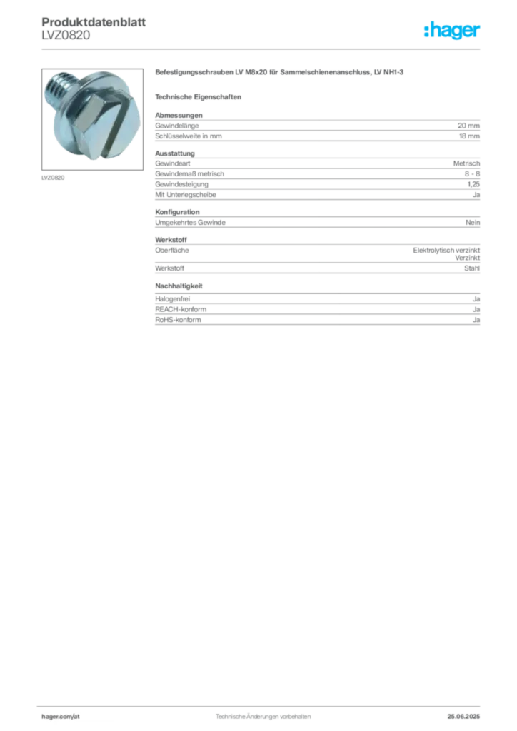 Bild Hager Produktdatenblatt LVZ0820 | Hager Deutschland
