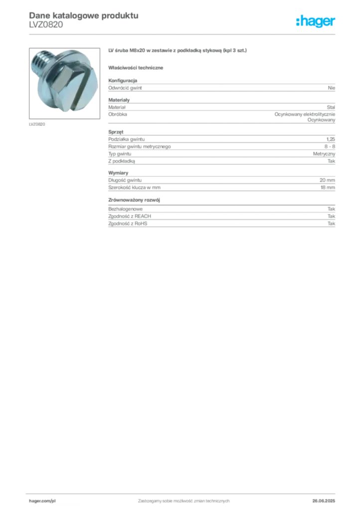 Zdjęcie Hager Dane katalogowe produktu LVZ0820 | Hager Polska