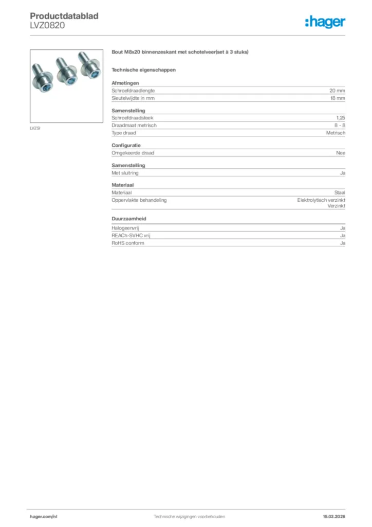 Afbeelding Hager Productdatablad LVZ0820 | Hager Nederland