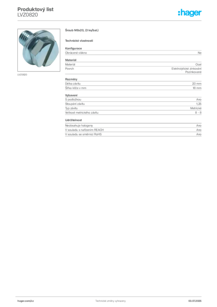 Obrázek Hager Produktový list LVZ0820 | Hager